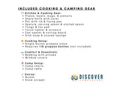 An RV rental includes cooking & camping gear from Discover Campervans: kitchenware, stove, bedding, camp chairs, and useful extras.