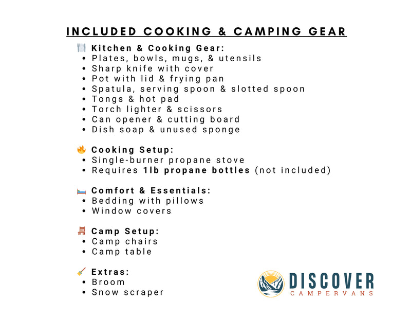 An RV rental includes cooking & camping gear from Discover Campervans: kitchenware, stove, bedding, camp chairs, and useful extras. — photo 8