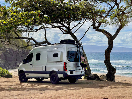 A white Winnebago Revel rv rental camper van sits on a sandy beach under a tree, overlooking ocean waves. Ideal for coastal adventures.