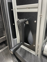 RV rental interior: Suspa Compart crank handle, part of an adjustable system built with aluminum framing.