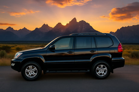 A black SUV on a road at sunset, with stunning mountains reflecting in its body. Perfect for scenic travel, like an RV rental adventure.