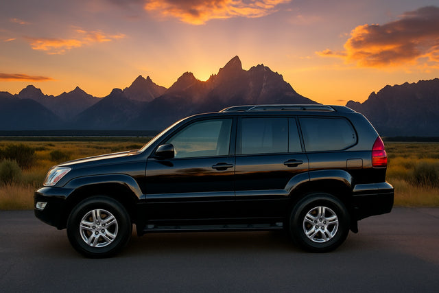 A black SUV on a road at sunset, with stunning mountains reflecting in its body. Perfect for scenic travel, like an RV rental adventure.
