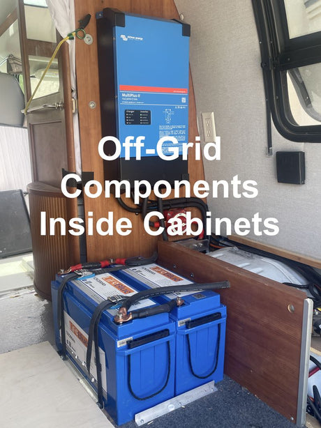 Inside an RV rental: off-grid power system with a Victron inverter/charger & two LifeBlue batteries.