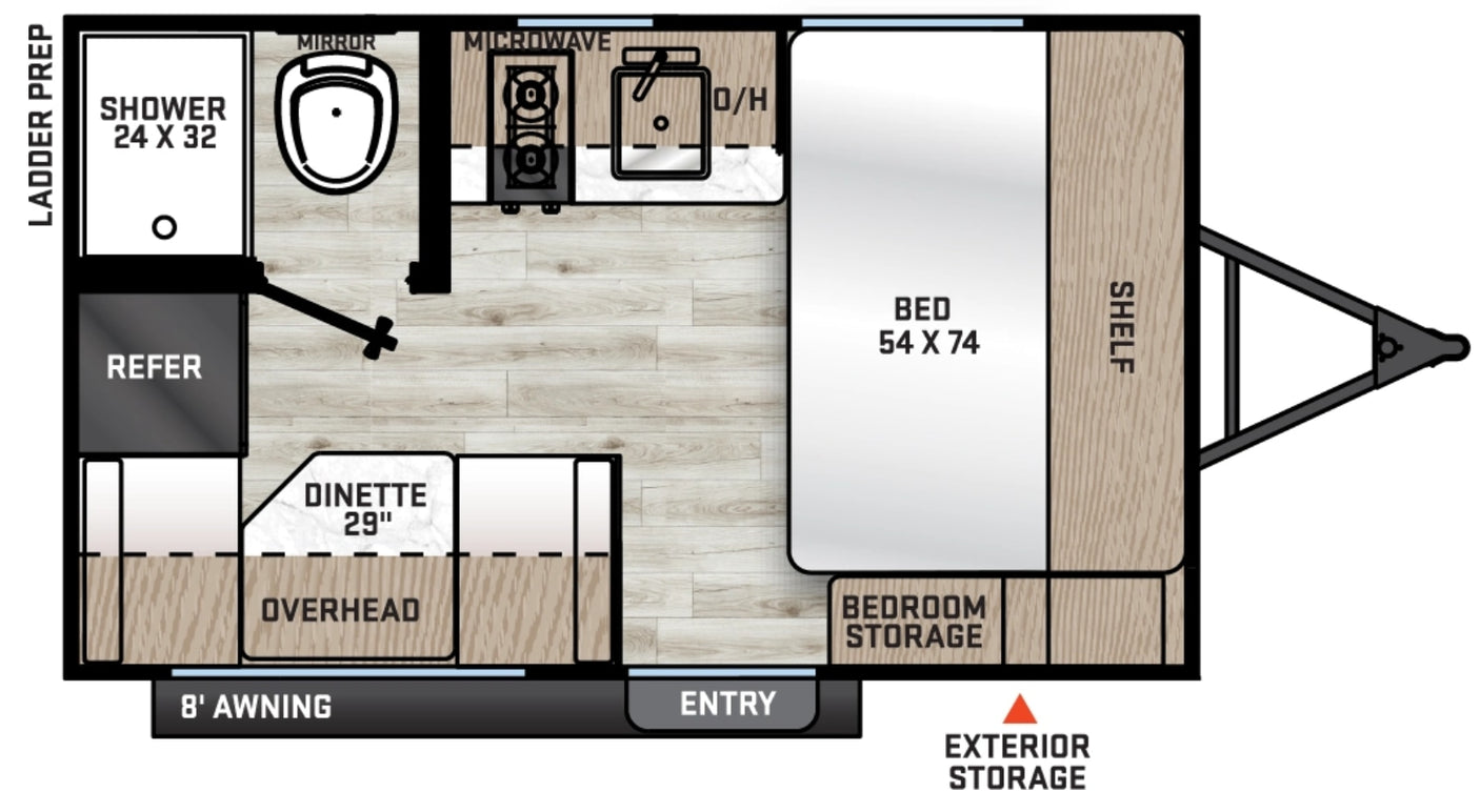 RV rental floor plan: This compact travel trailer features a bed, dinette, kitchen with microwave, and a bathroom with shower & toilet.