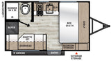 RV rental floor plan: This compact travel trailer features a bed, dinette, kitchen with microwave, and a bathroom with shower & toilet.