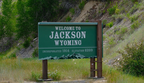Green 'Welcome to Jackson Wyoming' sign, elevation 6209, with mountain graphic. Great for an RV rental road trip.