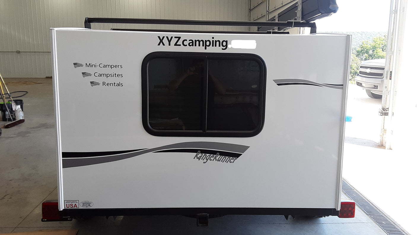 White teardrop RV rental camper, XYZcamping RangeRunner model. Offers mini-campers & campsites. Proudly USA made.