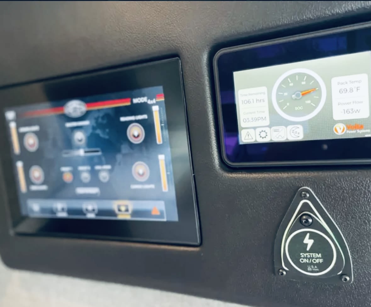RV rental's digital power management & light control panel shows battery status, temp, and system controls.