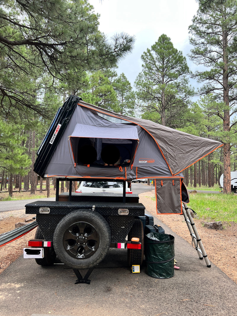 A ROOFNEST rooftop tent on a black utility trailer serves as a compact RV rental option, set up among tall pines for a serene camp. — photo 3