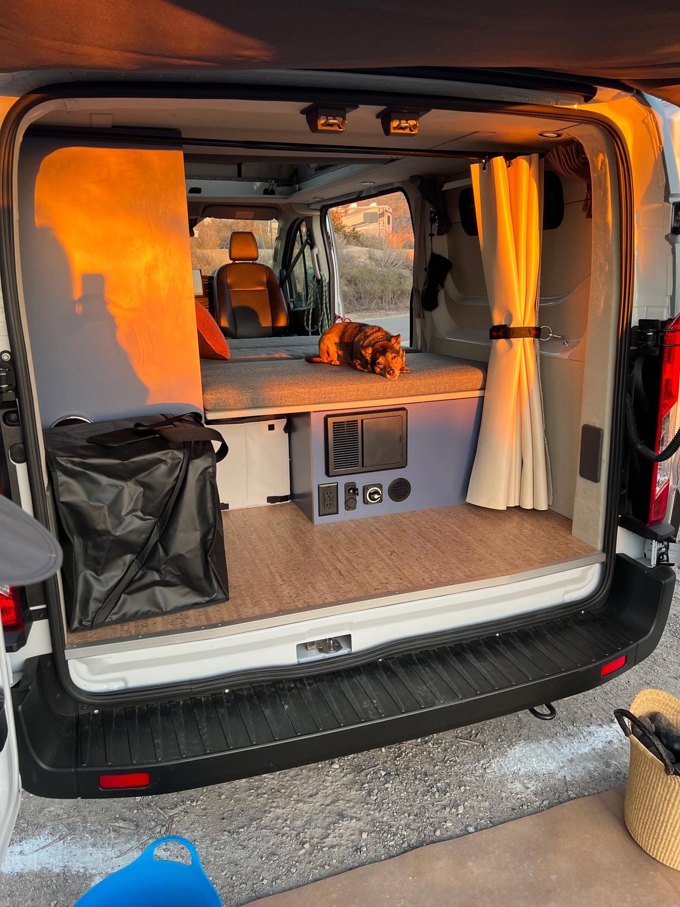 Cozy RV rental interior from the rear: a dog relaxes on the bed, with custom storage, power outlets, and warm lighting. — photo 2