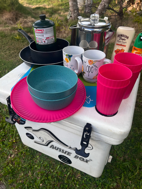 Get ready for your RV rental adventure with essential camping gear: propane, cooking items, dinnerware, cups, and a cooler.