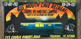 Sign for Big Mouth Cave Retreat: offers cabins, RV rental, and tent camping. Book on Airbnb & Hipcamp for a great stay.