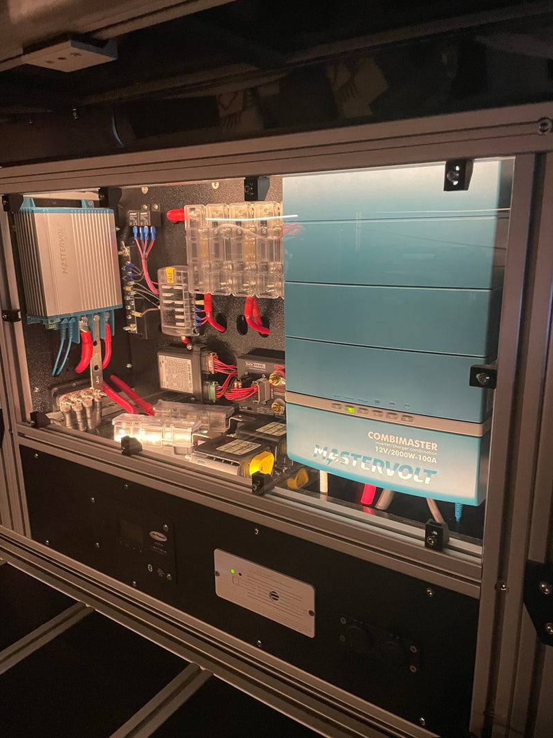 Advanced Mastervolt power system in an RV rental, showing a CombiMaster inverter/charger, multiple fuses, and wiring for efficient power management. — photo 16