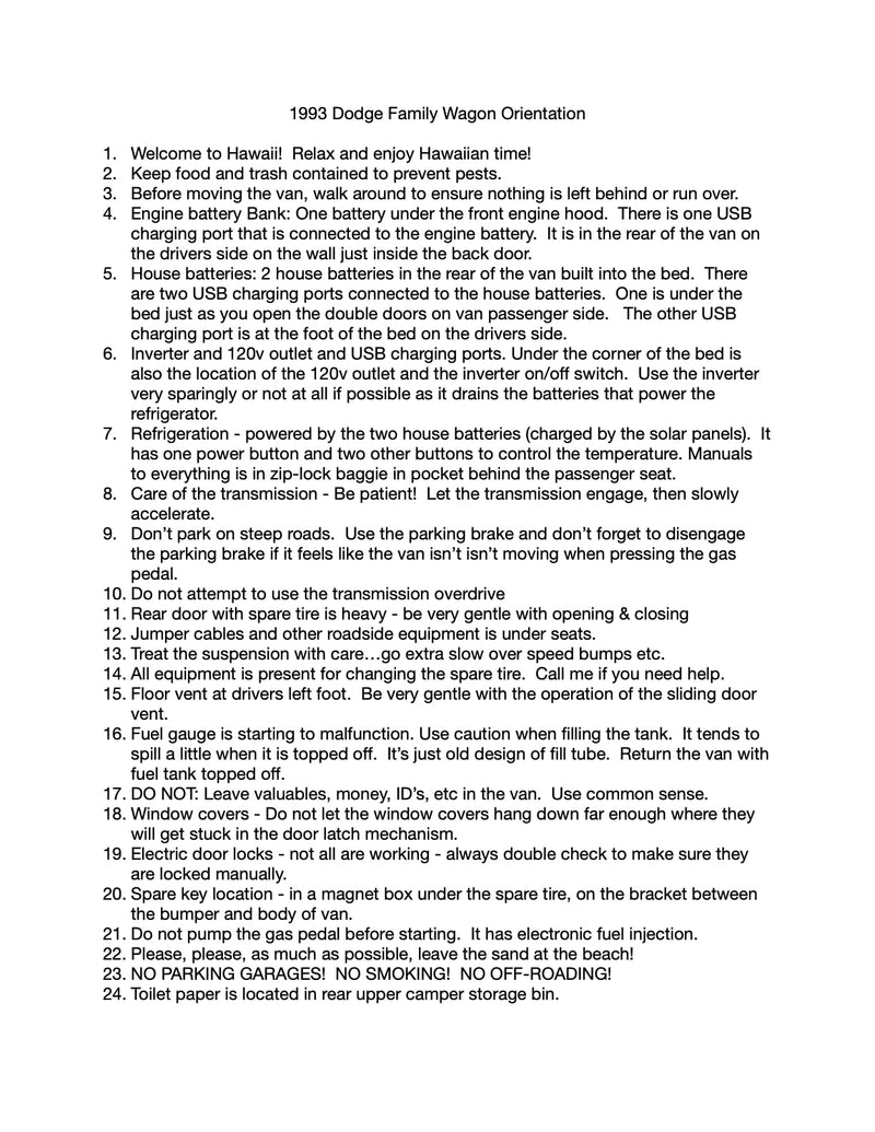 A 1993 Dodge Family Wagon **RV rental** orientation guide: text detailing van features, use, and care instructions. — photo 15