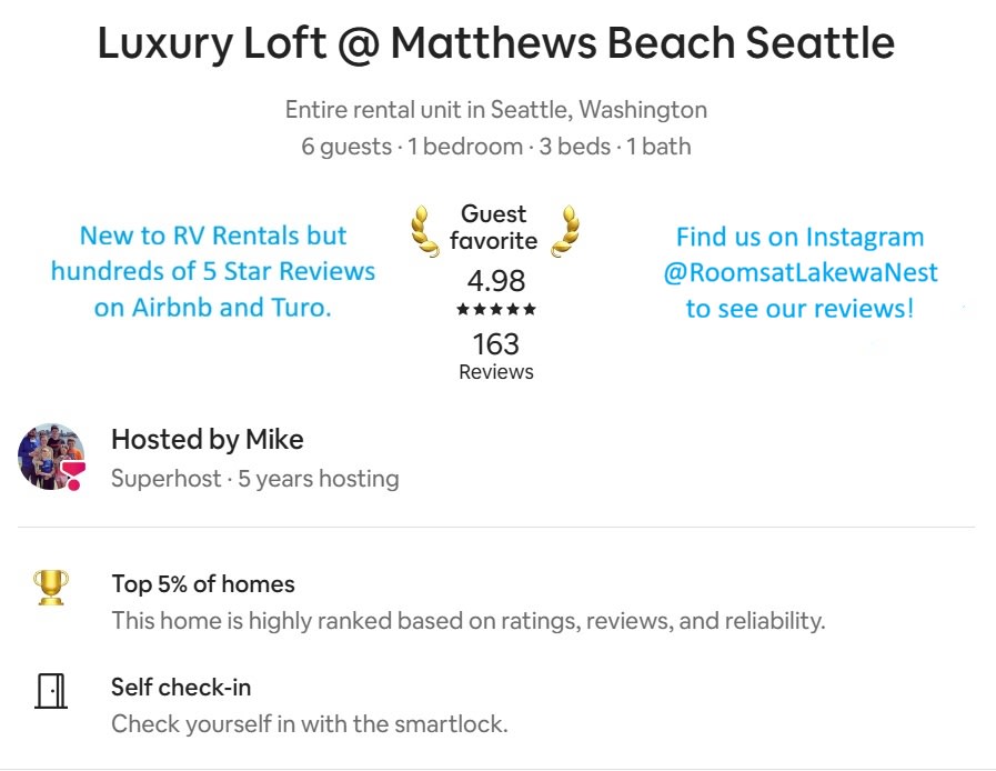 A rental listing for Luxury Loft Seattle. Host Mike is new to RV rentals but has 5-star reviews on Airbnb/Turo. Guest favorite 4.98.