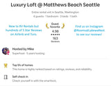 A rental listing for Luxury Loft Seattle. Host Mike is new to RV rentals but has 5-star reviews on Airbnb/Turo. Guest favorite 4.98.