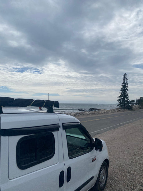 A white RV rental van is parked by a scenic coastal road, facing the ocean under cloudy skies with a tall pine tree nearby.