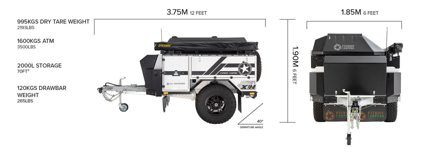 Detailed specs of a Patriot Campers XH off-road camper trailer, ideal for adventure rv rental. Includes dimensions & weights.
