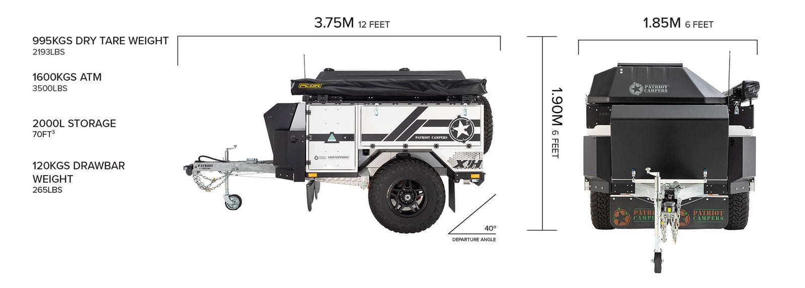 Detailed specs of a Patriot Campers XH off-road camper trailer, ideal for adventure rv rental. Includes dimensions & weights.