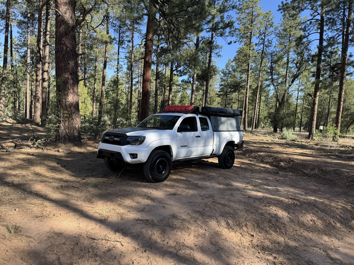 A white Tacoma truck with overlanding camper in a sunny pine forest. Ideal for your next RV rental adventure. — photo 9