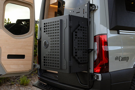 Rear of an alt Camp camper van, featuring a large external gear storage box. Perfect for your RV rental adventure.
