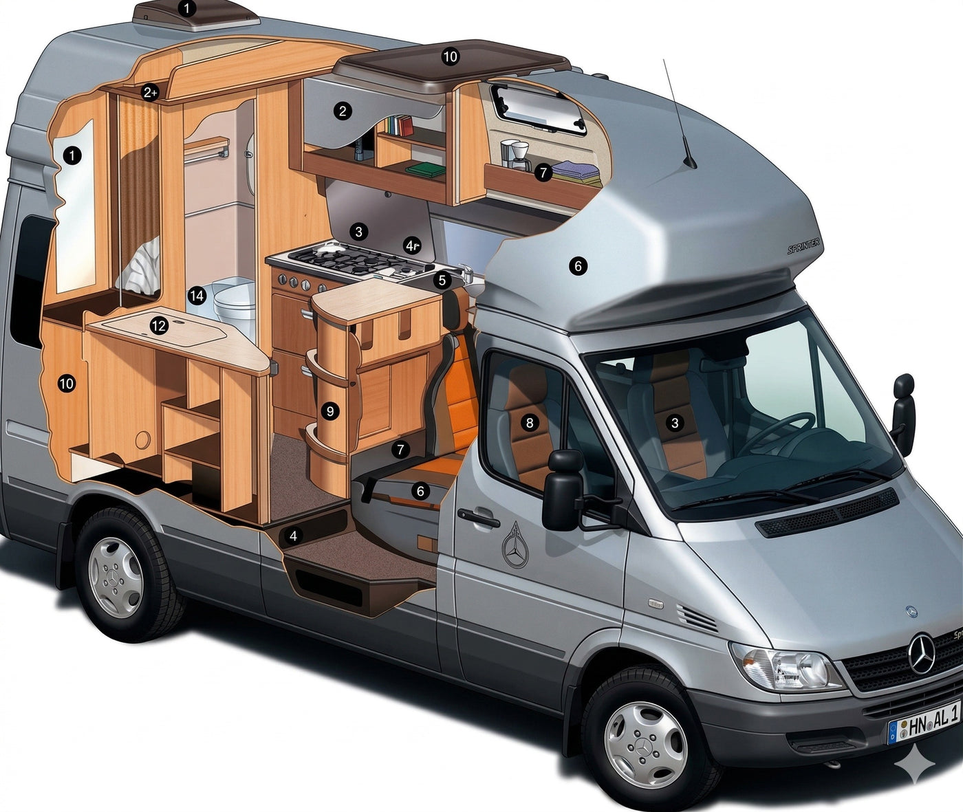 A detailed cutaway view of an RV rental campervan's interior, showing its functional kitchen, bathroom, and sleeping berths. — photo 5