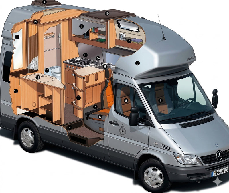 A detailed cutaway view of an RV rental campervan's interior, showing its functional kitchen, bathroom, and sleeping berths. — photo 5