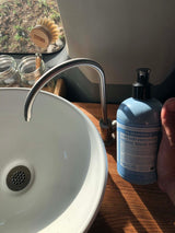 An RV rental's compact sink area: white bowl, metal faucet, Dr. Bronner's soap, & Zefiro brush on wood counter.