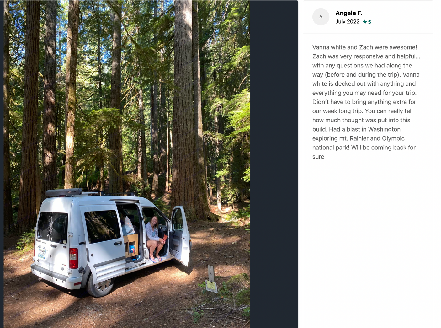A happy traveler enjoys a white RV rental (campervan) at a peaceful forest campsite. Perfect for exploring national parks!
