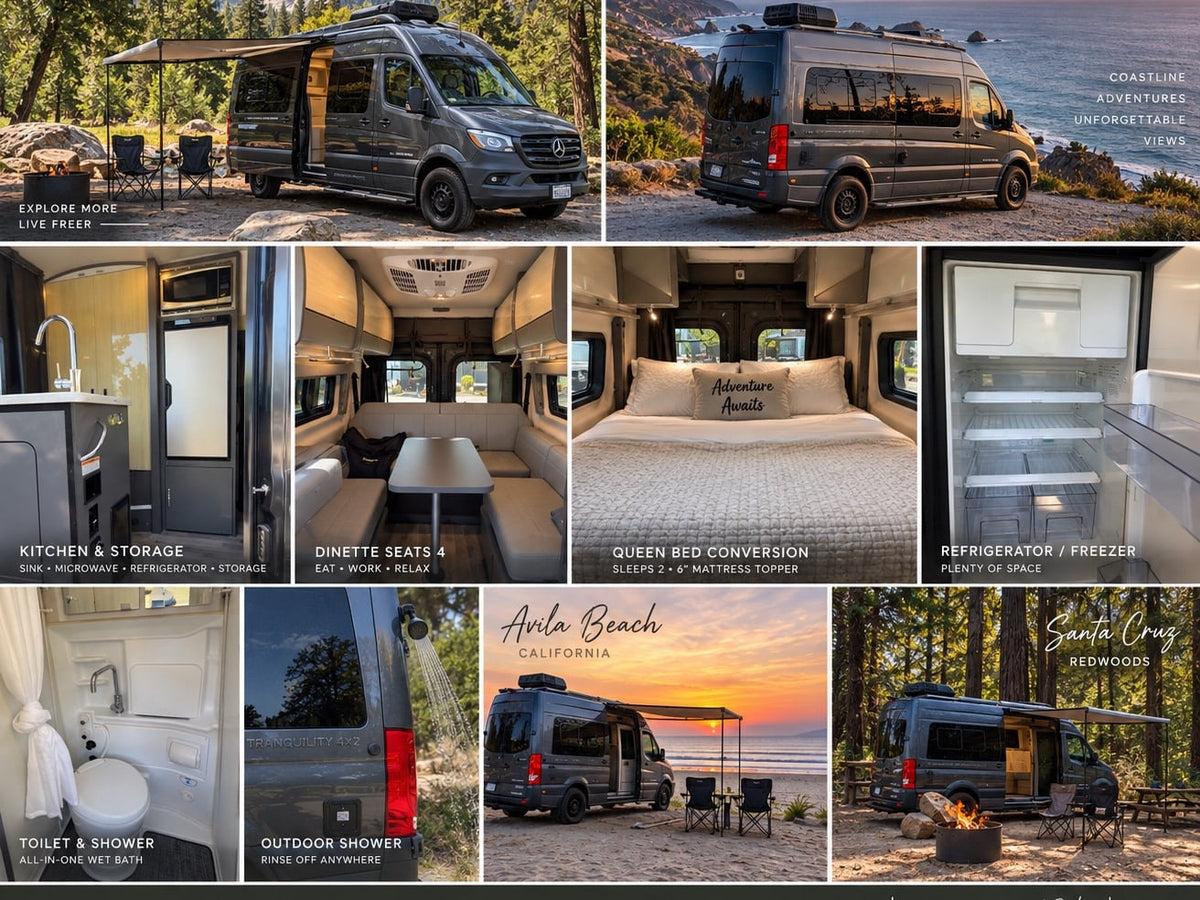  and microwave.|Inside this RV rental: a cozy dining area with beige bench seats — photo 6
