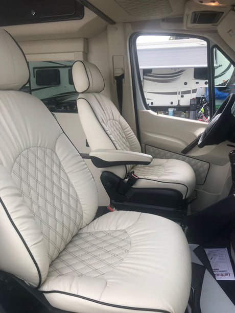 Step inside this premium rv rental, featuring crisp white diamond-quilted seats and luxurious trim.