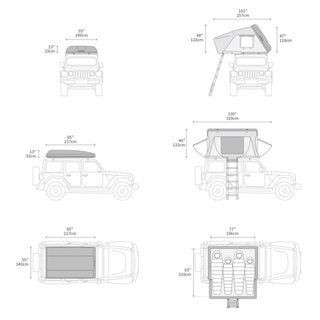 Diagrams illustrate a vehicle equipped with an iKamper rooftop tent, showing closed and open dimensions. Ideal for RV rental adventures.
