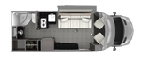 Overhead view of a compact RV rental's interior layout, featuring a kitchen, living area, wet bath, and front cabin.