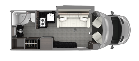 Overhead view of a compact RV rental's interior layout, featuring a kitchen, living area, wet bath, and front cabin.