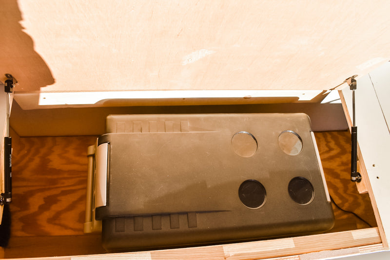 RV rental: Lift-up storage compartment with gas struts, housing a portable electric cooler/fridge. — photo 10