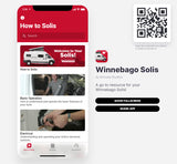 A mobile app, "Winnebago Solis," offers an RV guide for owners or rv rental users, detailing operation & electrical systems.