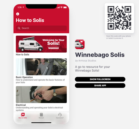 A mobile app, "Winnebago Solis," offers an RV guide for owners or rv rental users, detailing operation & electrical systems.
