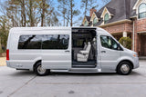 This custom Mercedes-Benz Sprinter luxury van, perfect for RV rental, showcases its spacious, open interior.