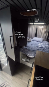 RV rental: A compact van interior showing a queen bed, induction cooktop, wardrobe, and garage storage for travel.