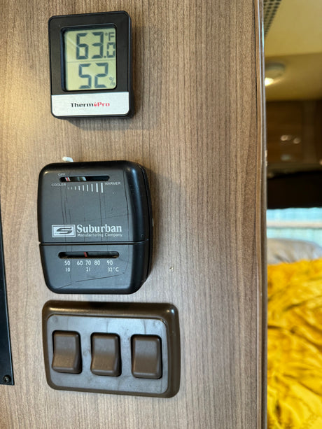RV rental control panel: digital thermometer (63.8°F, 52% RH), Suburban thermostat (set ~70°F/21°C), and three brown switches.