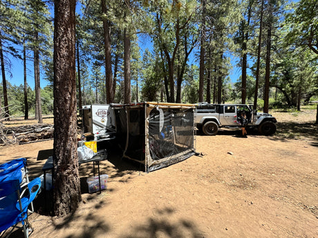 A white Jeep and an RV rental trailer with a side tent create a comfortable overlanding campsite in a sunny forest.