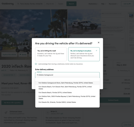 Outdoorsy RV rental booking shows a delivery address pop-up for a trailer, with Fort De Soto location options.