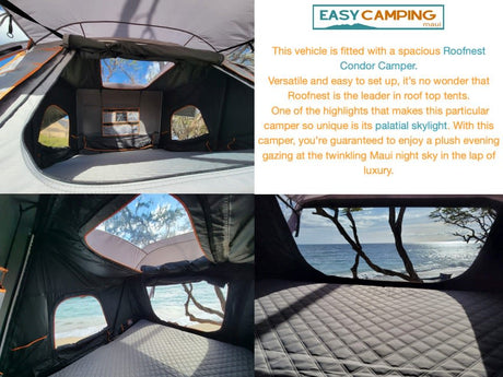 Luxurious RV rental with Roofnest Condor rooftop tent. Spacious interior with palatial skylight and stunning Maui beach views.