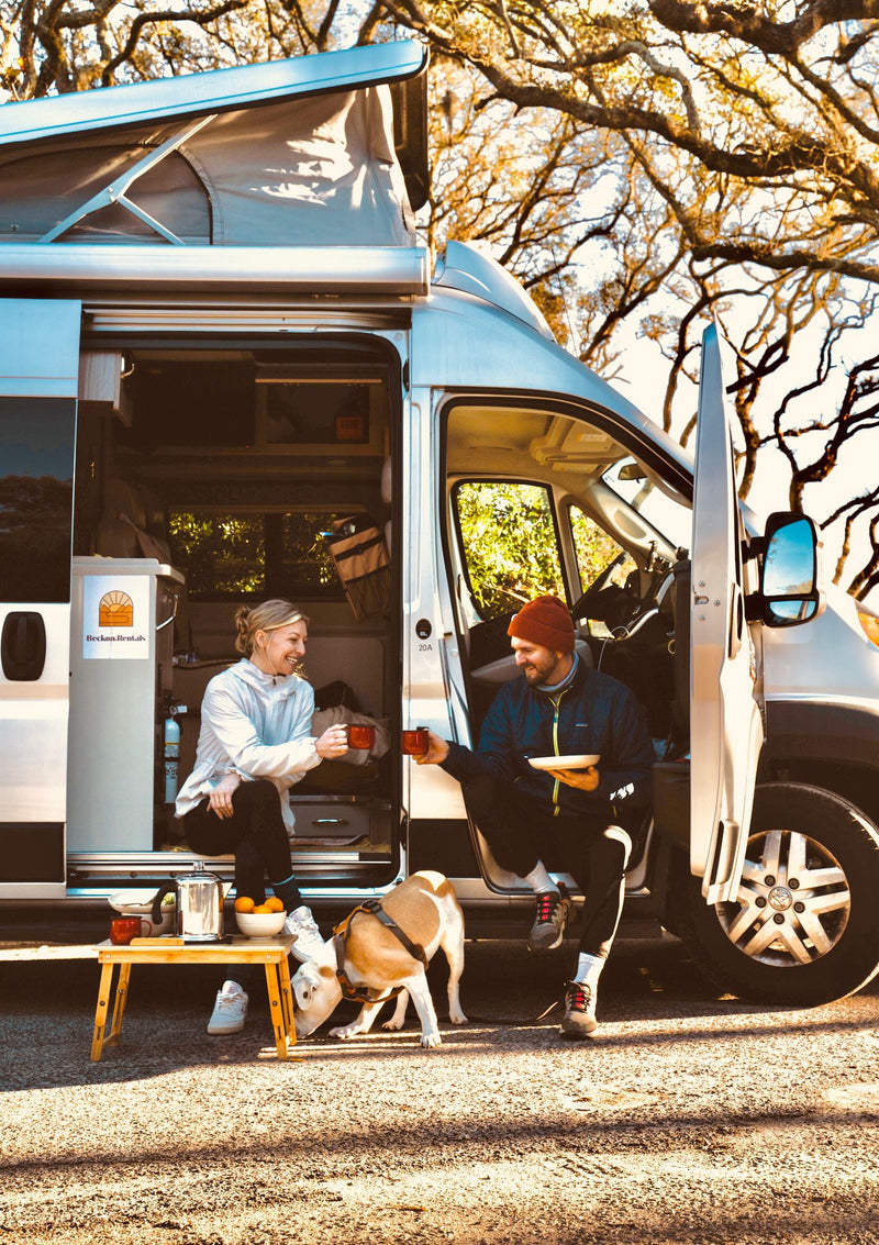  ready for adventure.|Explore mountains & fall colors with this RV rental: a pop-top camper van with an awning extended in nature.|White camper van (RV rental) with pop-top parked on a scenic road among large — photo 4