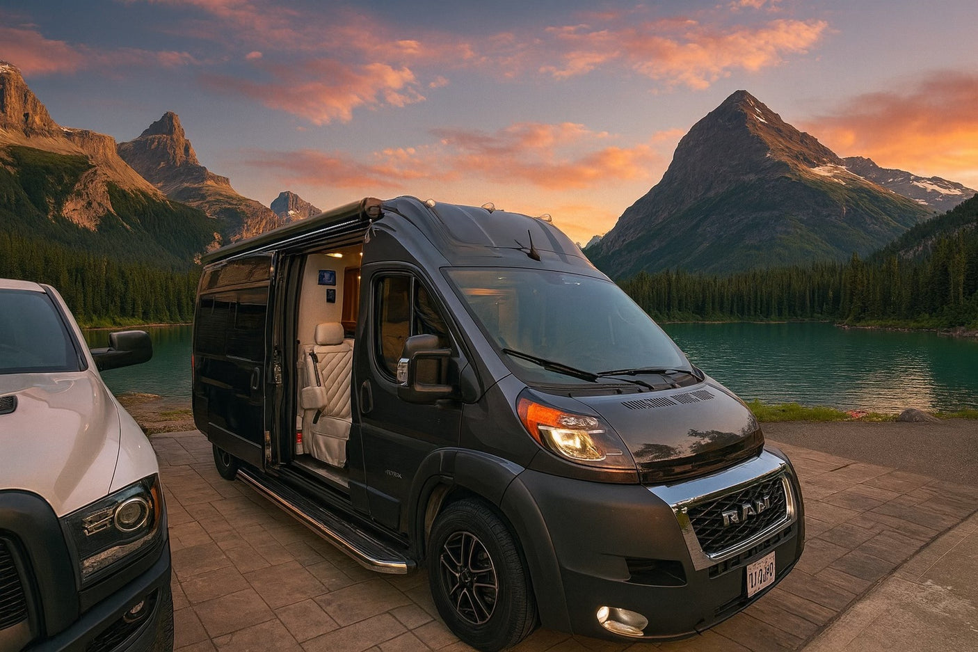 Experience nature's beauty with an RV rental! A camper van by a turquoise mountain lake at sunset.