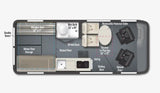 RV rental floor plan: Compact interior layout with Murphy bed, wet bath, kitchen, and convertible seating.