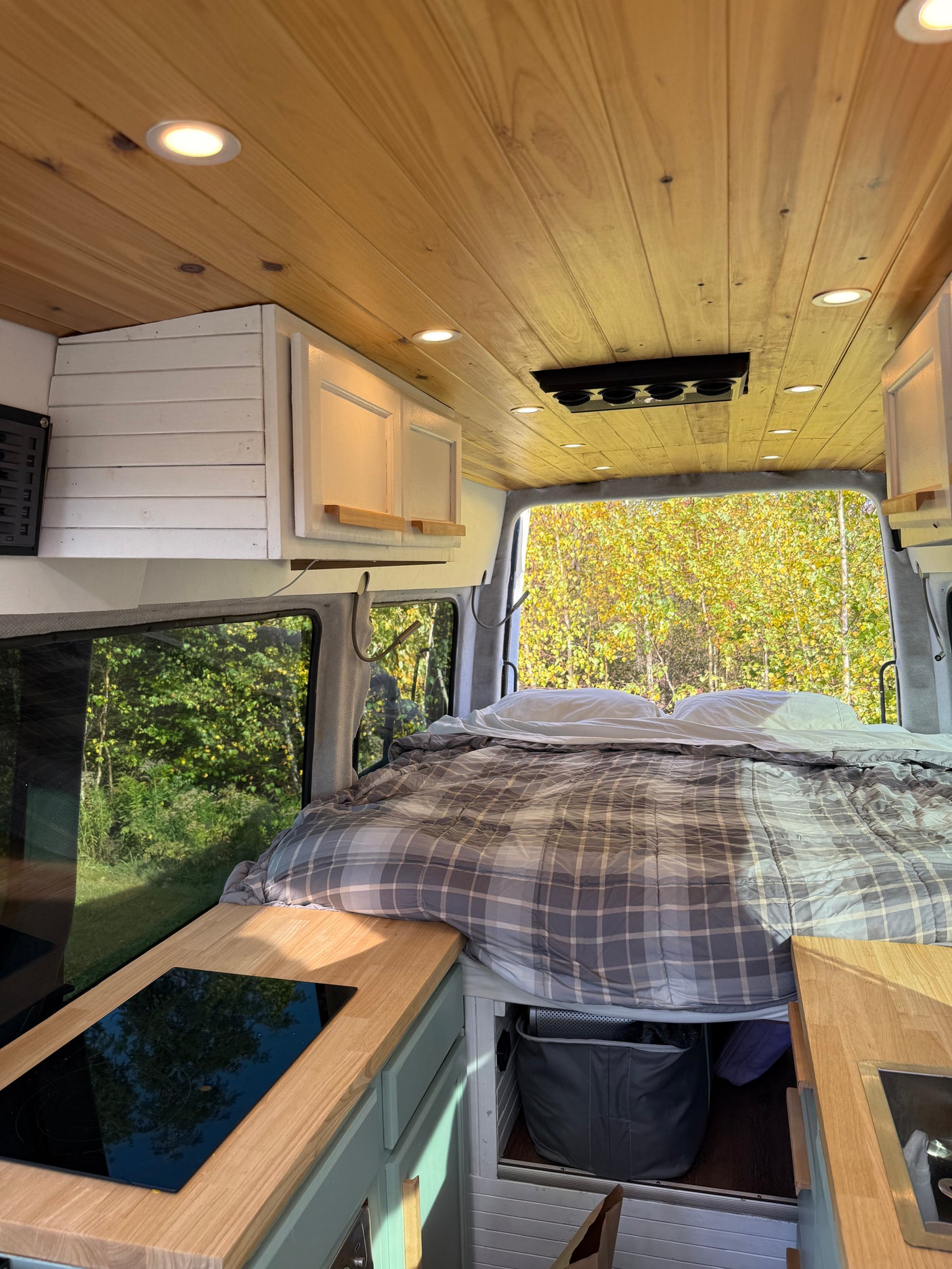 Bright RV rental interior featuring a comfortable bed, wooden ceiling with lights, and a kitchen area, with autumn trees visible outside.