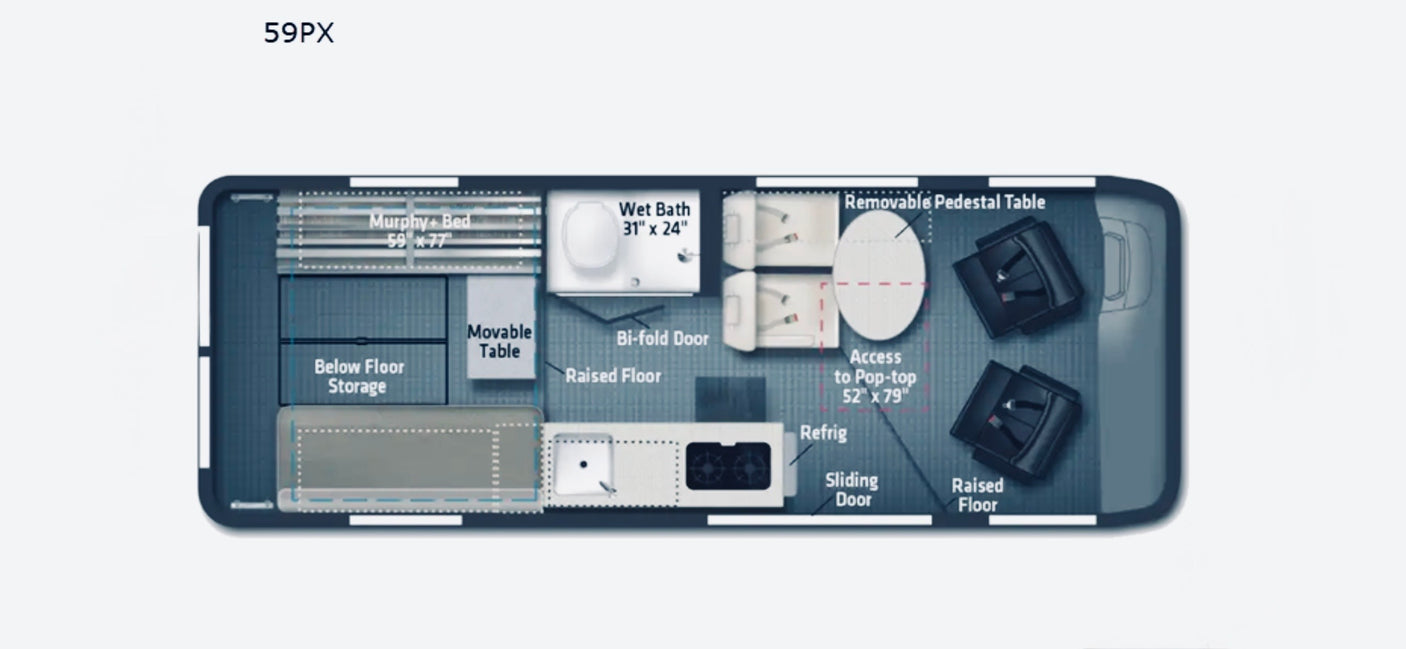 This RV rental 59PX campervan floor plan details sleeping, wet bath, kitchen, and flexible dining with pop-top access.