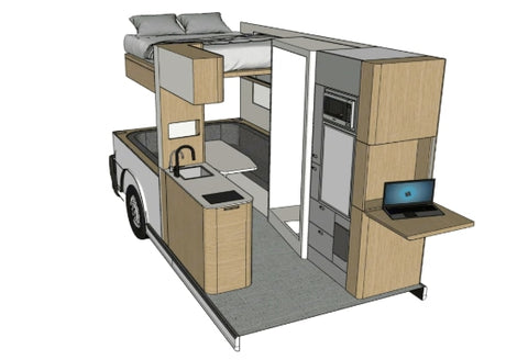 This RV rental concept shows a compact interior with a bunk bed, kitchenette, dinette, shower, and a workstation with a laptop.