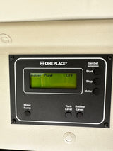 RV rental control panel: GenSet, Water Pump (OFF), Tank & Battery Level indicators. Essential for travel comfort.